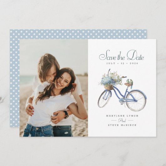 Blue Bicycle Bohemisch Watercolor Wedding Foto Save The Date (Vorne/Hinten)