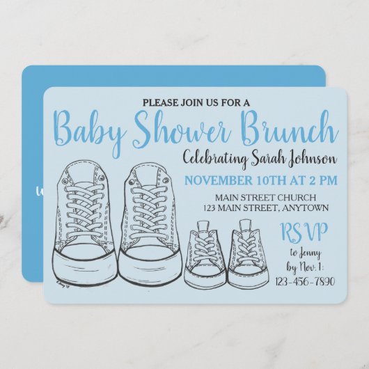 Blue Big Little Shoes Junge neue Baby Dusche Einladung (Vorne/Hinten)