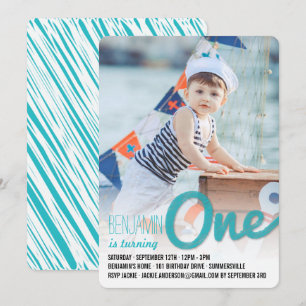 Blue Big Sketch One Baby Boy erste Geburtstagspart Einladung