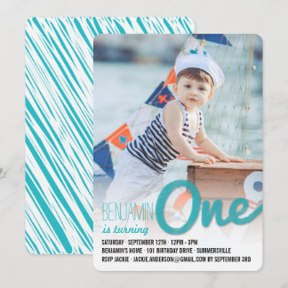 Blue Big Sketch One Baby Boy erste Geburtstagspart Einladung