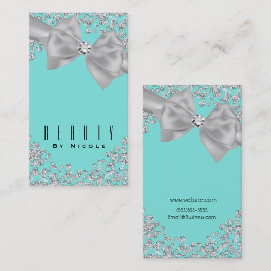 Blue Big White Bow Diamonds Chic Wedding Visitenkarte (Vorne/Hinten)