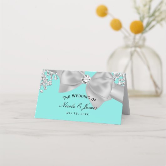 Blue Big White Bow Diamonds Glam Table Platzkarte (Vorderseite)