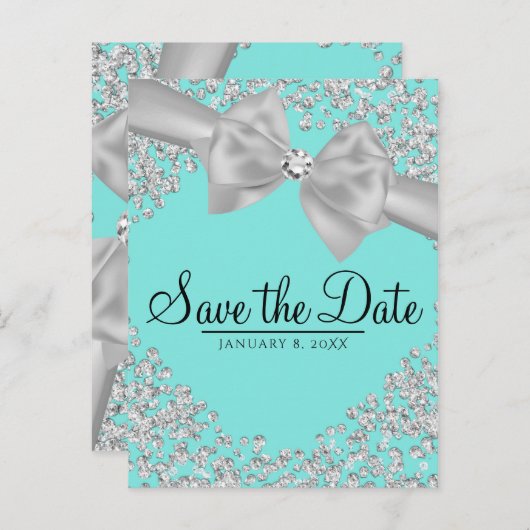 Blue Big White Bow Diamonds Save the Date Ankündigungspostkarte (Vorne/Hinten)