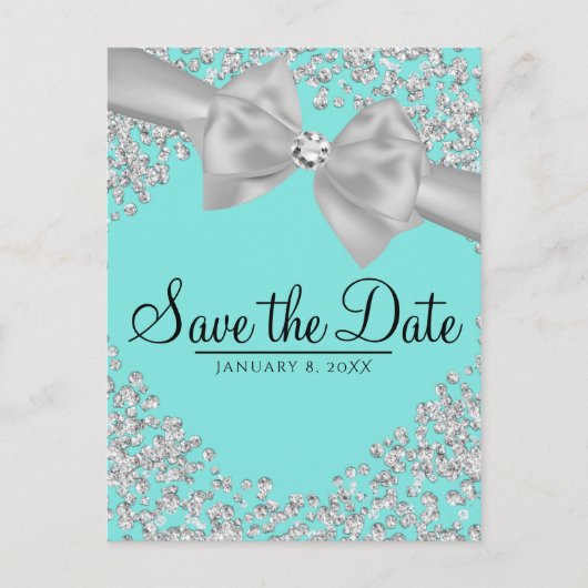 Blue Big White Bow Diamonds Save the Date Ankündigungspostkarte (Vorderseite)