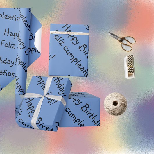 Blue Bilingual Wrapping Paper Happy Birthday Geschenkpapier