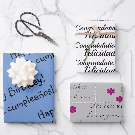 Blue Bilingual Wrapping Paper Happy Birthday Geschenkpapier Set (Vorderseite)