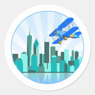 Blue Biplane über New York Retro Design Runder Aufkleber