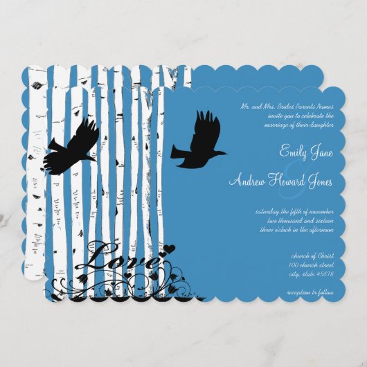 Blue Birch Love Bird Forest Wedding Einladungen (Vorne/Hinten)