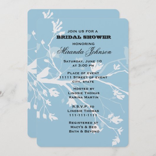 Blue Bird Branches Brautparty Einladung (Vorne/Hinten)