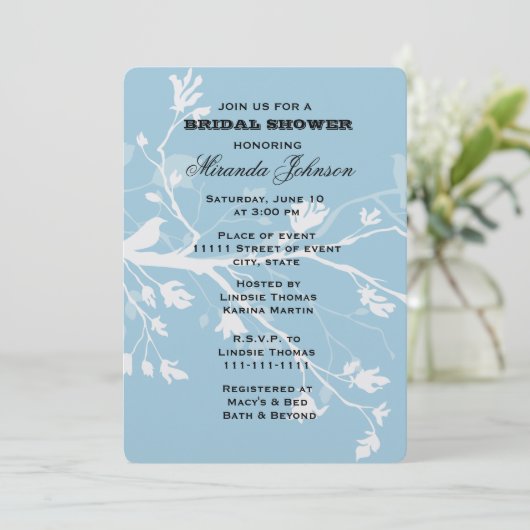 Blue Bird Branches Brautparty Einladung (Stehend Vorderseite)