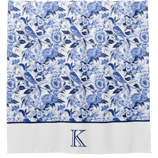 Blue Bird Chinoiserie Monogram  Duschvorhang (Vorderseite)