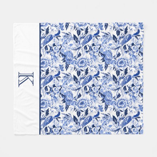 Blue Bird Chinoiserie Monogram  Fleecedecke (Vorderseite (Horizontal))