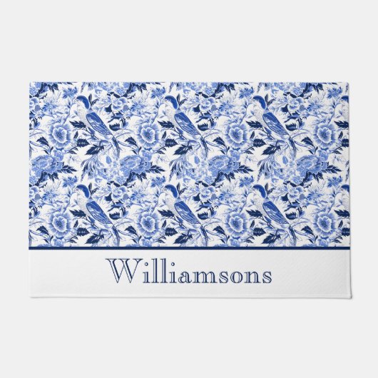 Blue Bird Chinoiserie Monogram Name Fußmatte (Vorderseite)