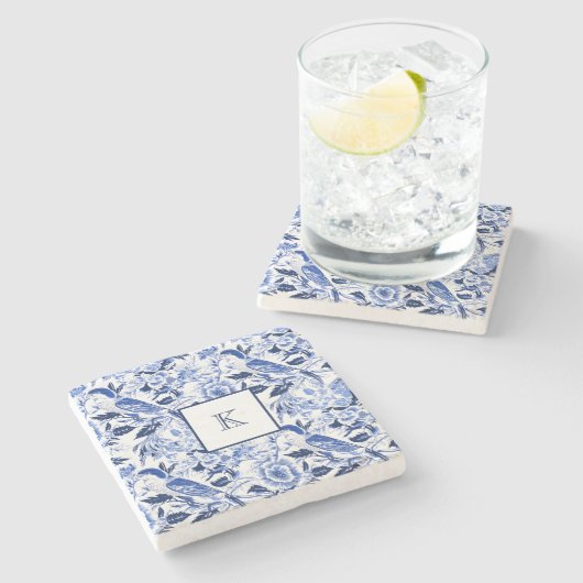 Blue Bird Chinoiserie Monogram  Steinuntersetzer (Seitenansicht)