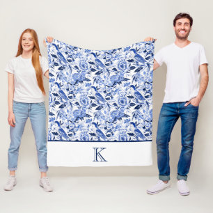 Blue Bird Chinoiserie Monogramm Fleecedecke