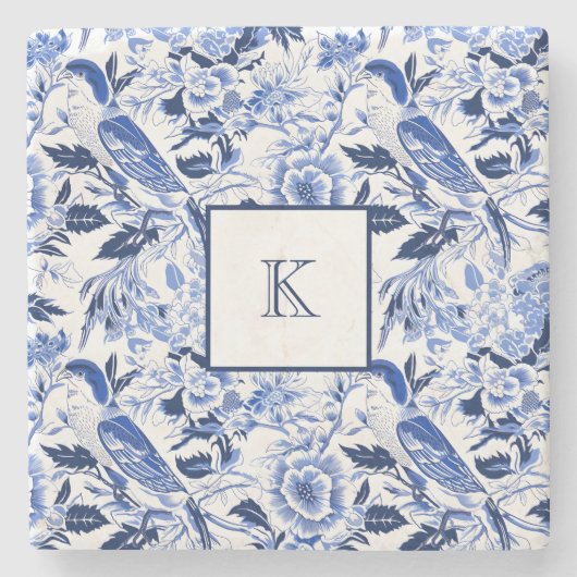 Blue Bird Chinoiserie Monogramm  Steinuntersetzer (Vorderseite)