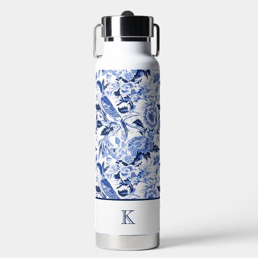 Blue Bird Chinoiserie Monogramm Trinkflasche (Vorderseite)