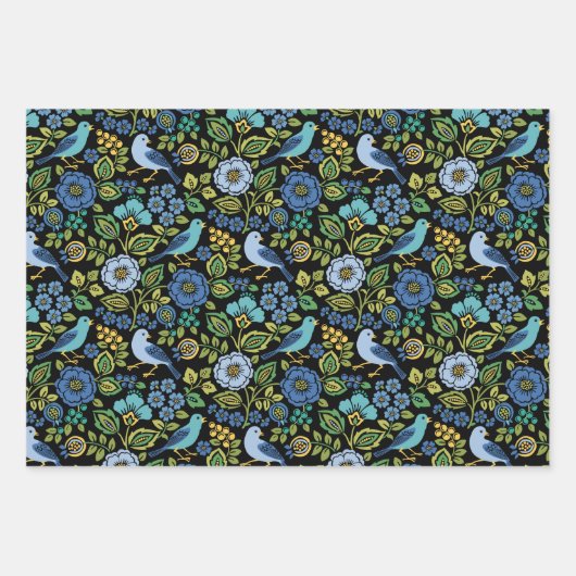 Blue Bird Floral auf Black Geschenkpapier Set (Vorderseite)