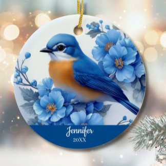 Blue Bird Floral Christmas North American Eastern  Keramik Ornament