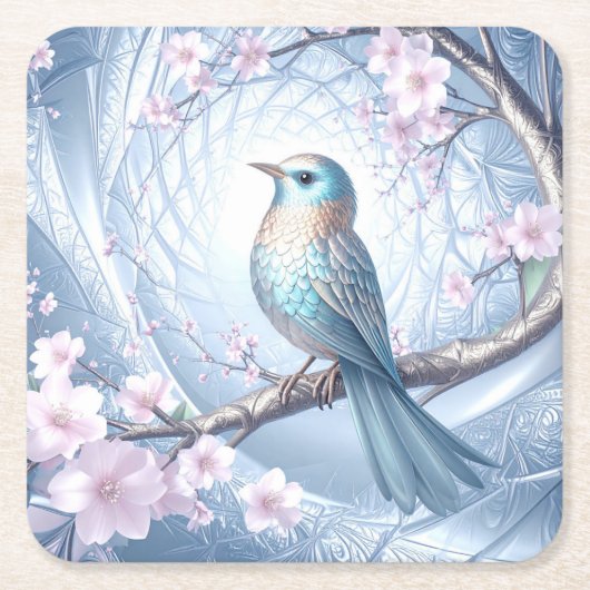 Blue Bird Floral Paper Coaster Rechteckiger Pappuntersetzer (Vorderseite)