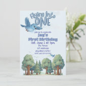 Blue Bird Flying into One, 1st Birthday Einladung (Stehend Vorderseite)