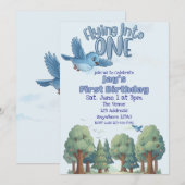 Blue Bird Flying into One, 1st Birthday Einladung (Vorne/Hinten)