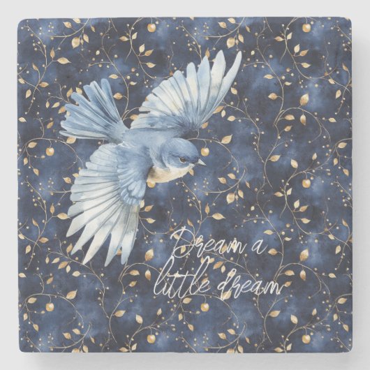 Blue Bird Gold Leaves Traum Steinuntersetzer (Vorderseite)