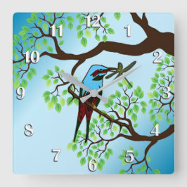 Blue Bird in Trees Blue Sky Quadratische Wanduhr