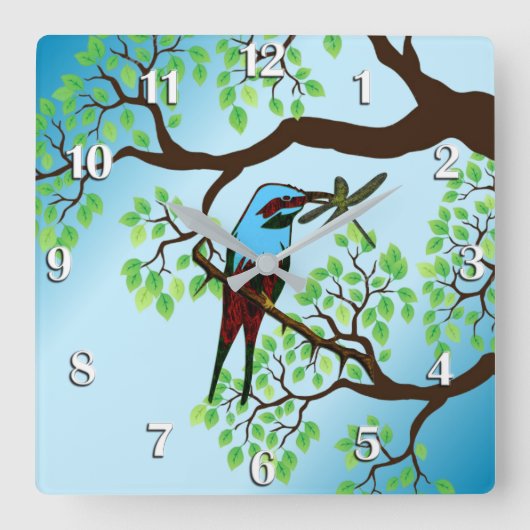 Blue Bird in Trees Blue Sky Quadratische Wanduhr (Vorderseite)