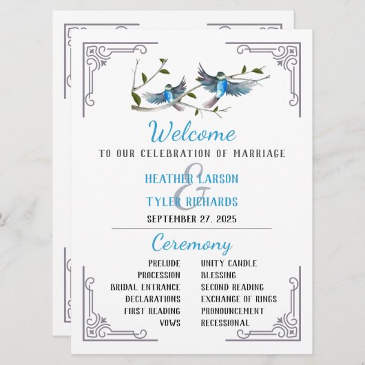 Blue Bird of Happiness Wedding Program Einladung (Vorne/Hinten)