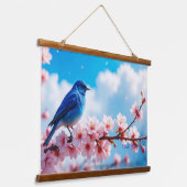 Blue Bird on Cherry Blossom Branch Wandteppich Mit Holzrahmen (Gewinkelt)