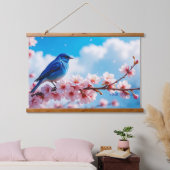 Blue Bird on Cherry Blossom Branch Wandteppich Mit Holzrahmen (Schlafzimmer)