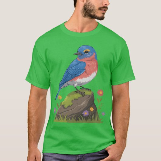 Blue Bird On Rock With Flowers friends T-Shirt (Vorderseite)