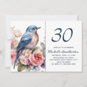 Blue Bird Pink Blume 30. Geburtstag Einladung (Vorderseite)