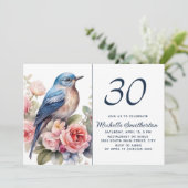 Blue Bird Pink Blume 30. Geburtstag Einladung (Stehend Vorderseite)