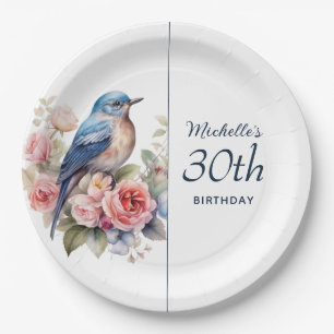 Blue Bird Pink Blume 30. Geburtstag Pappteller