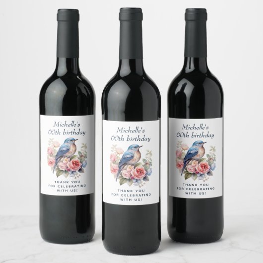 Blue Bird Pink Blume 60. Geburtstag Weinetikett (Flaschen)