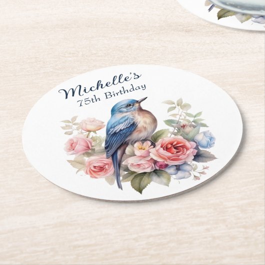 Blue Bird Pink Blume 75. Geburtstag Runder Pappuntersetzer (Angewinkelt)