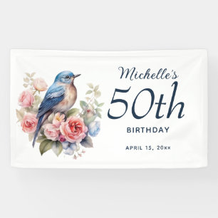 Blue Bird Pink Floral 50. Geburtstag Banner