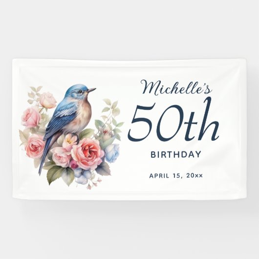 Blue Bird Pink Floral 50. Geburtstag Banner (Horizontal)