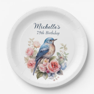Blue Bird Pink Flowers 75. Geburtstag Pappteller