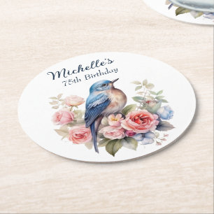 Blue Bird Pink Flowers 75. Geburtstag Runder Pappuntersetzer