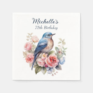 Blue Bird Pink Flowers 75. Geburtstag Serviette