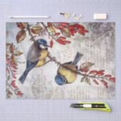 Blue Bird Red Berries Französisch Script Decoupage Seidenpapier (Handwerk)