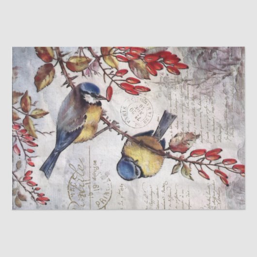 Blue Bird Red Berries Französisch Script Decoupage Seidenpapier (Vorderseite)