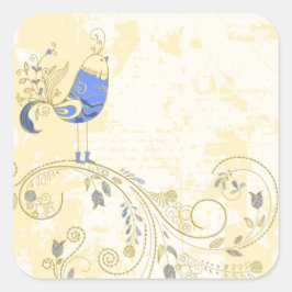 Blue Bird Retro Floral Kunst Quadratischer Aufkleber