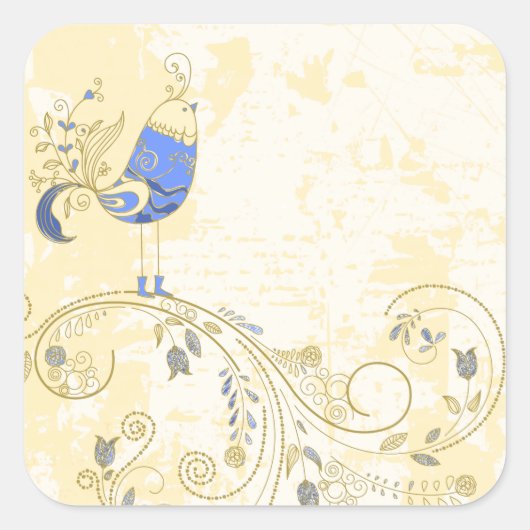 Blue Bird Retro Floral Kunst Quadratischer Aufkleber (Vorderseite)