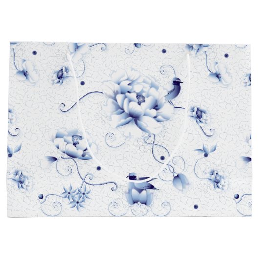 Blue Bird Rose Chinoiserie Große Geschenktüte (Rückseite)