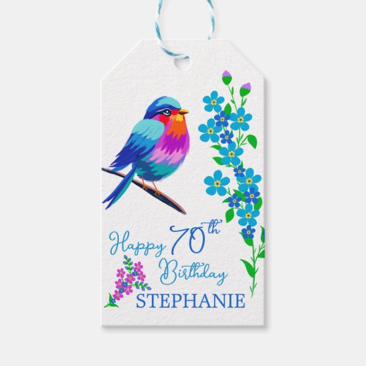 Blue Bird Vergiss mich nicht florale 70. Geburtsta Geschenkanhänger (Vorderseite)