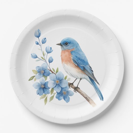 Blue bird with blue flowers pappteller (Vorderseite)